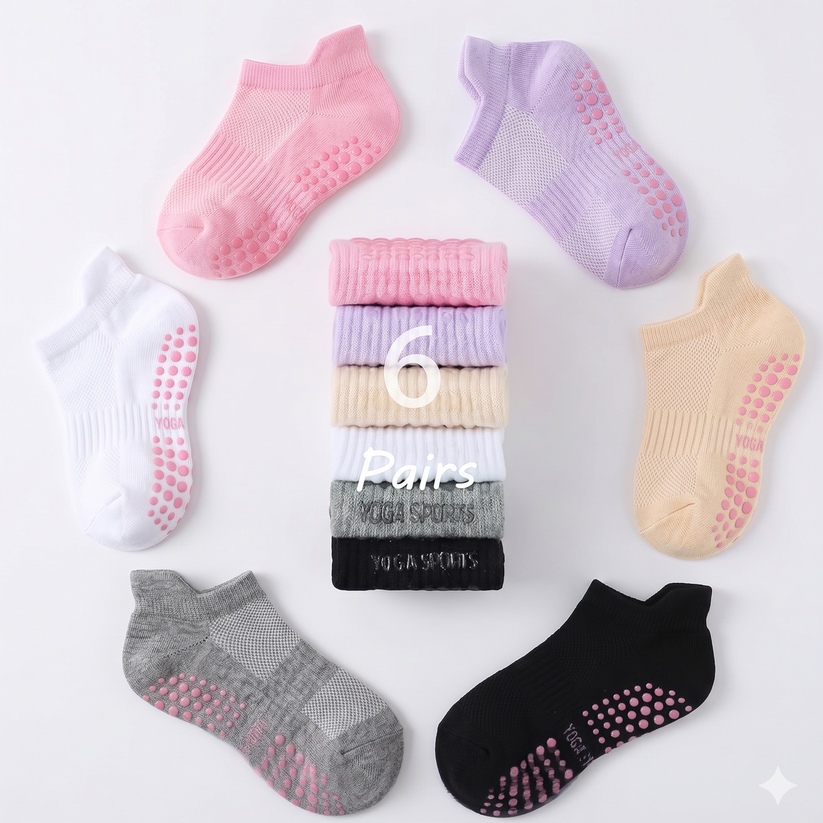 Premium Mat Pilates Grip Socks (6-Pair